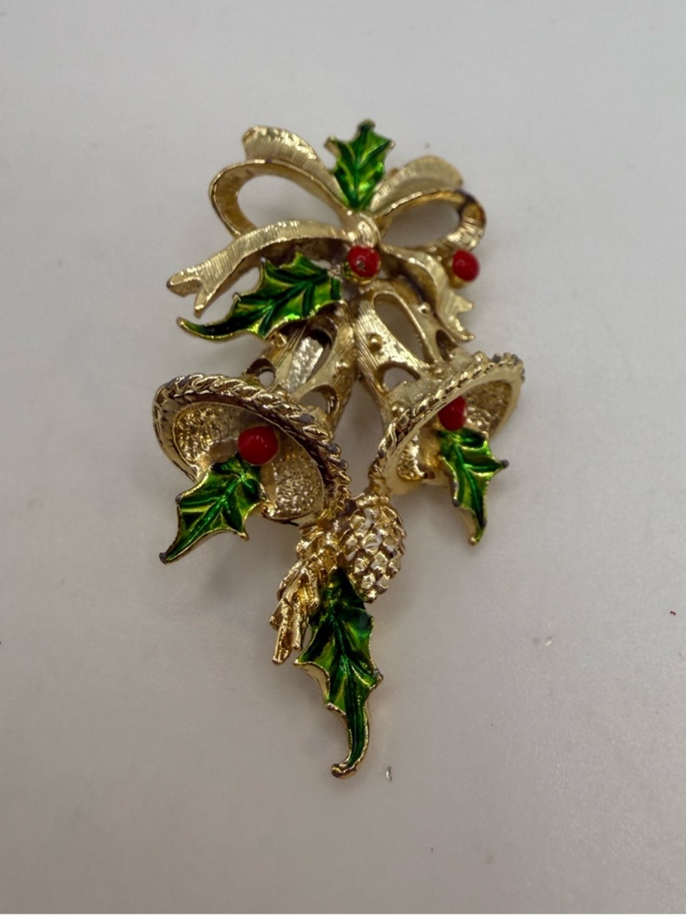 Vintage Gerry’s Christmas Bells Brooch Gold Tone Holly Rhinestone Pin